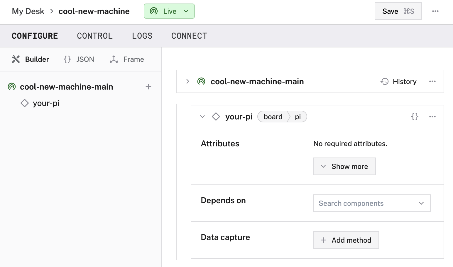 An example board configuration in the app builder UI. The name (local), type (board) and model (pi) are shown. No other attributes are configured.
