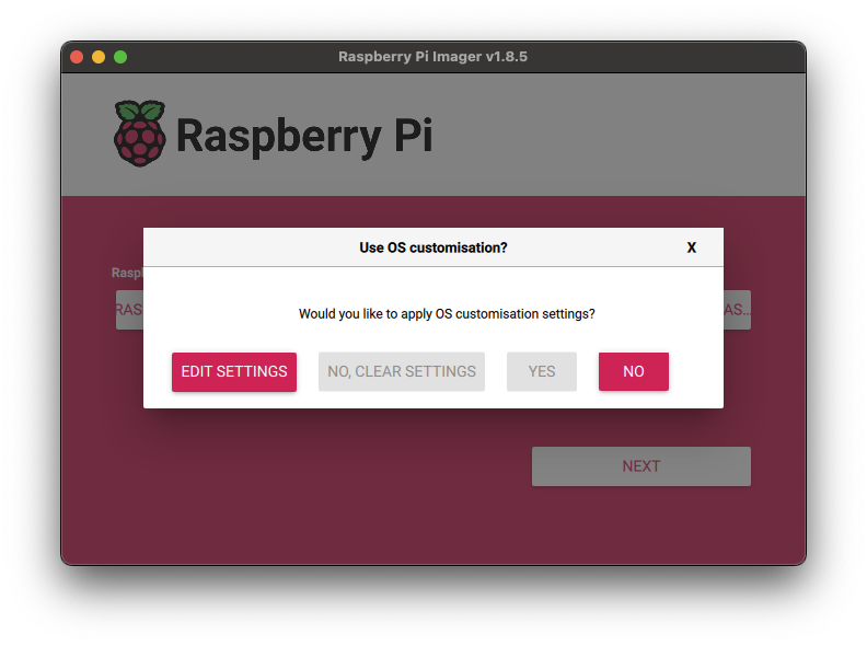 Raspberry Pi Imager window showing gear-shaped settings icon is selected.